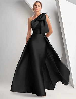 A Line/Princesses Prom Dresses Satin One Shoulder Floor-Length Formal Dress With Overskirt Bows