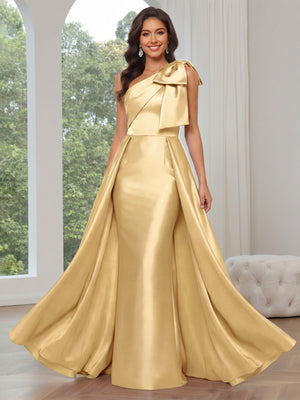 A Line/Princesses Prom Dresses Satin One Shoulder Floor-Length Formal Dress With Overskirt Bows