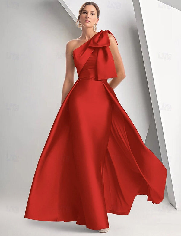 A Line/Princesses Prom Dresses Satin One Shoulder Floor-Length Formal Dress With Overskirt Bows