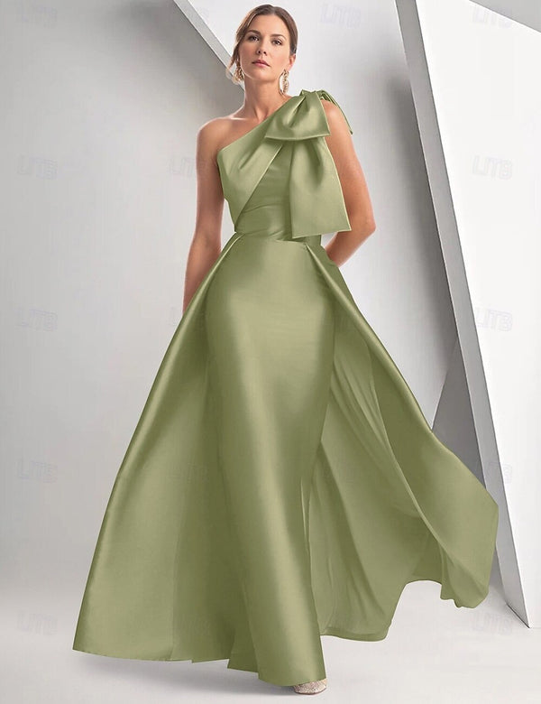 A Line/Princesses Prom Dresses Satin One Shoulder Floor-Length Formal Dress With Overskirt Bows
