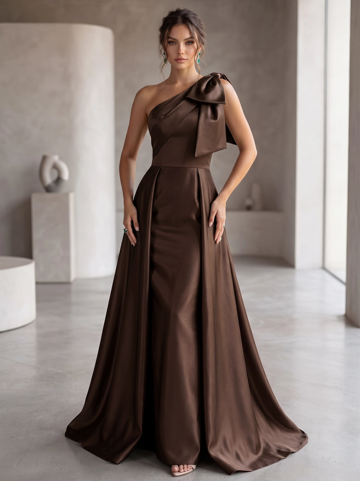 A Line/Princesses Prom Dresses Satin One Shoulder Floor-Length Formal Dress With Overskirt Bows
