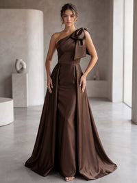 A Line/Princesses Prom Dresses Satin One Shoulder Floor-Length Formal Dress With Overskirt Bows