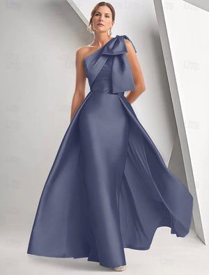 A Line/Princesses Prom Dresses Satin One Shoulder Floor-Length Formal Dress With Overskirt Bows