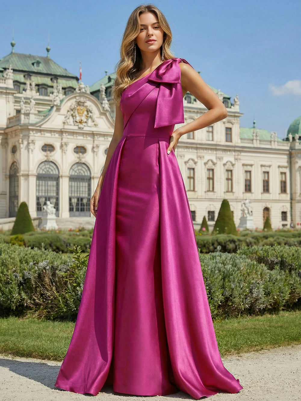 A Line/Princesses Prom Dresses Satin One Shoulder Floor-Length Formal Dress With Overskirt Bows