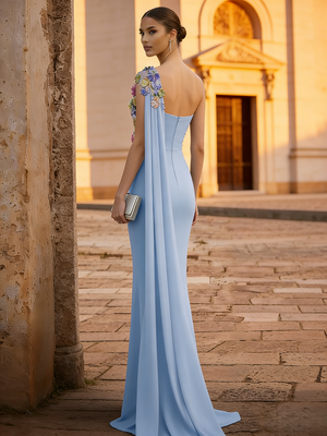 Sheath/Column One-Shoulder Sleeveless Floral Evening Dresses With Cape Elegant Wedding Formal