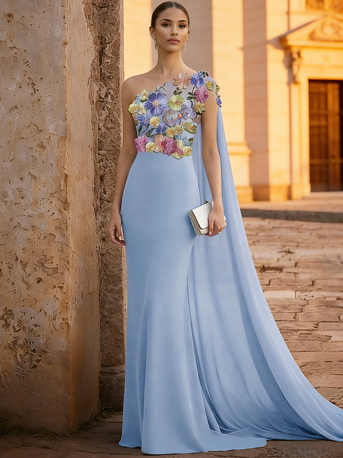 Sheath/Column One-Shoulder Sleeveless Floral Evening Dresses With Cape Elegant Wedding Formal
