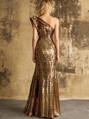 Mermaid Sequins Evening Dress Formal One Shoulder Sleeveless Floor Length Sparkle Christmas Party Ruched