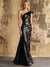 Mermaid Sequins Evening Dress Formal One Shoulder Sleeveless Floor Length Sparkle Christmas Party Ruched