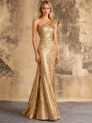 Mermaid Sequins Evening Dress Formal One Shoulder Sleeveless Floor Length Sparkle Christmas Party Ruched