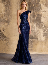 美人鱼亮片晚礼服 正式 单肩 无袖 及地 闪亮 圣诞派对 褶皱