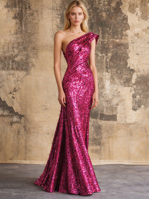 Mermaid Sequins Evening Dress Formal One Shoulder Sleeveless Floor Length Sparkle Christmas Party Ruched