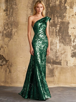 Mermaid Sequins Evening Dress Formal One Shoulder Sleeveless Floor Length Sparkle Christmas Party Ruched