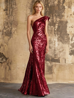 Mermaid Sequins Evening Dress Formal One Shoulder Sleeveless Floor Length Sparkle Christmas Party Ruched