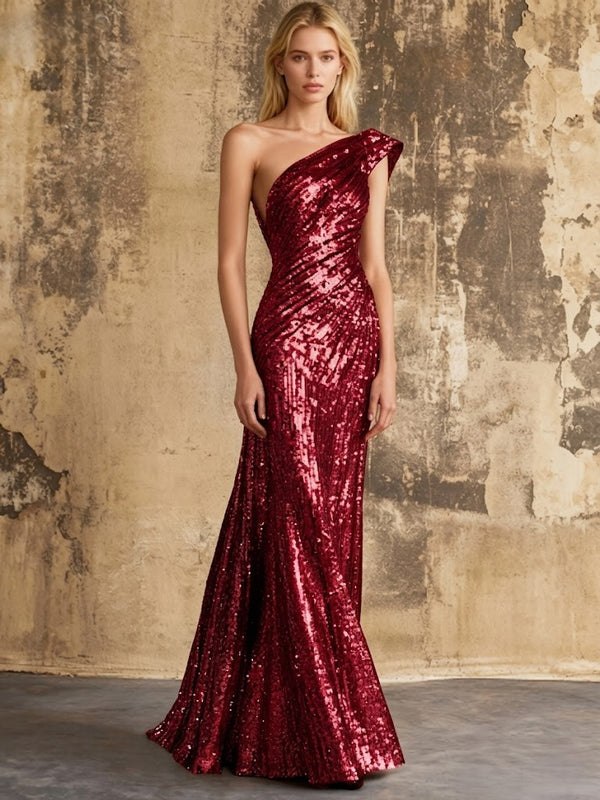 Mermaid Sequins Evening Dress Formal One Shoulder Sleeveless Floor Length Sparkle Christmas Party Ruched
