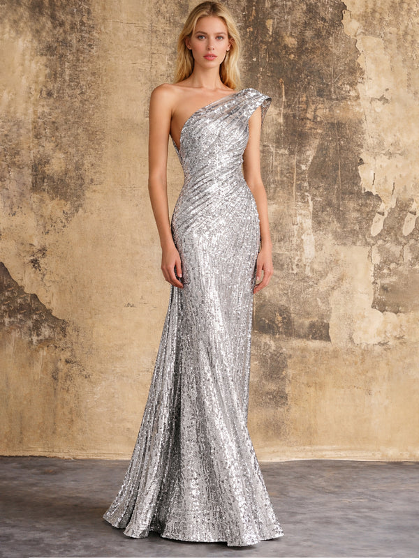 Mermaid Sequins Evening Dress Formal One Shoulder Sleeveless Floor Length Sparkle Christmas Party Ruched