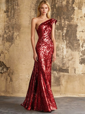Mermaid Sequins Evening Dress Formal One Shoulder Sleeveless Floor Length Sparkle Christmas Party Ruched