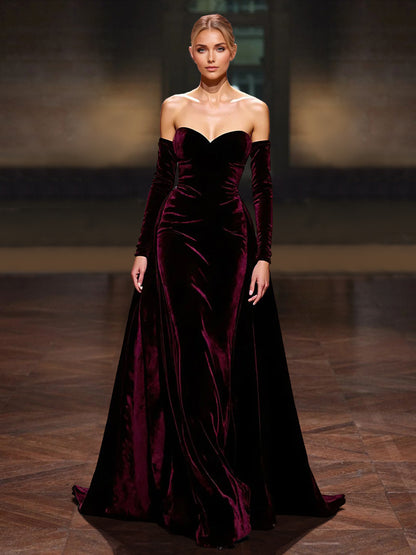 A-Line/Princess Velvet  Evening Gown  Sweep Train Sweetheart & Long Sleeves With Back Zipper