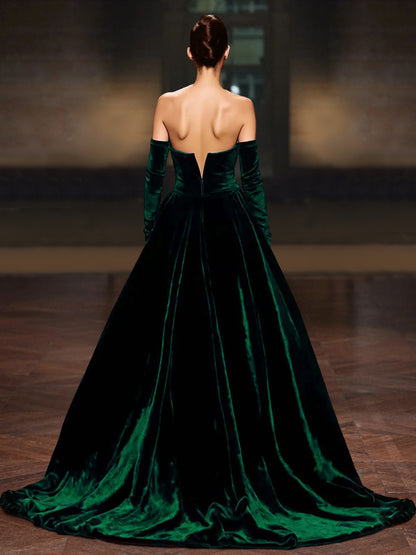 A-Line/Princess Velvet  Evening Gown  Sweep Train Sweetheart & Long Sleeves With Back Zipper