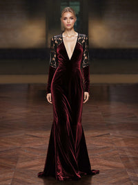 Sheath/Column Evening Dresses Velvet Formal Dress Floor-Length V-Neck Lace Long Sleeves With Back Zipper