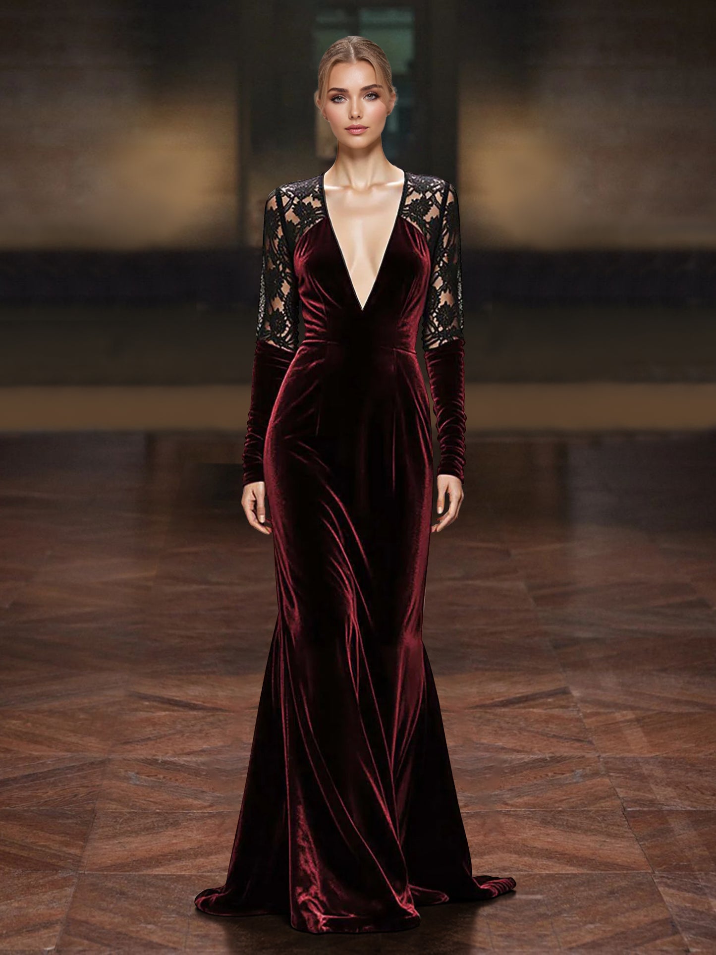 Sheath/Column Velvet Mother Of The Bride/Formal Dress Floor-Length V-Neck Lace Long Sleeves With Back Zipper