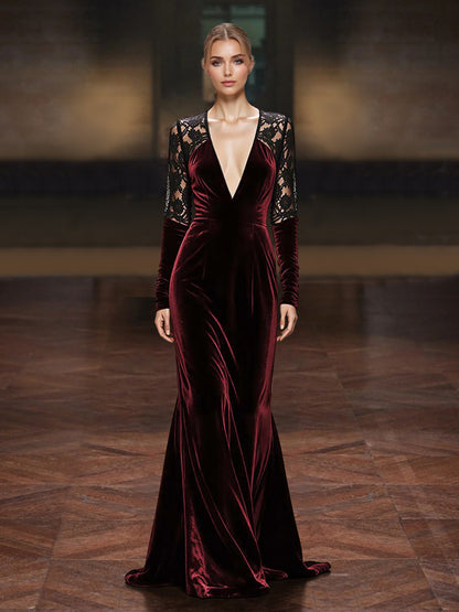 Sheath/Column Velvet Mother Of The Bride/Formal Dress Floor-Length V-Neck Lace Long Sleeves With Back Zipper
