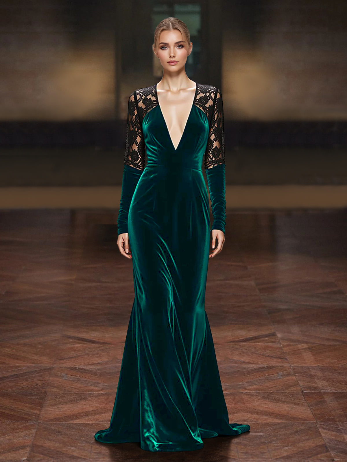 Sheath/Column Evening Dresses Velvet Formal Dress Floor-Length V-Neck Lace Long Sleeves With Back Zipper