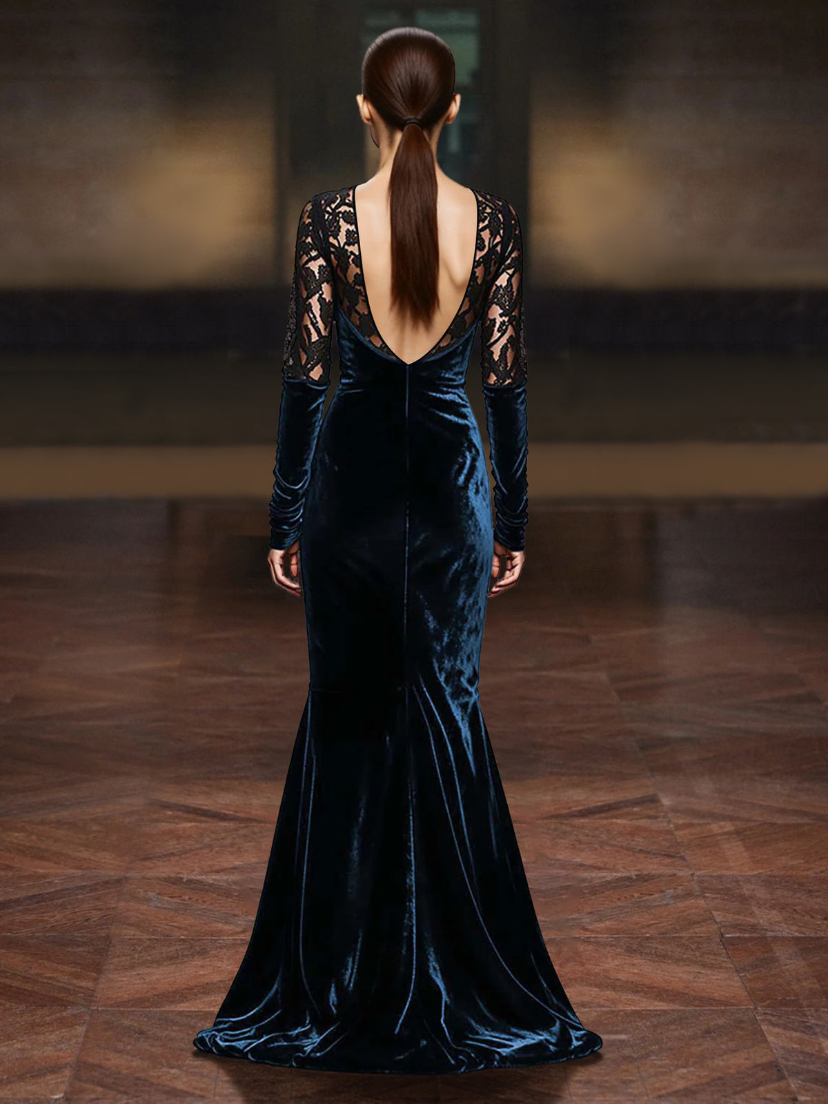 Sheath/Column Evening Dresses Velvet Formal Dress Floor-Length V-Neck Lace Long Sleeves With Back Zipper