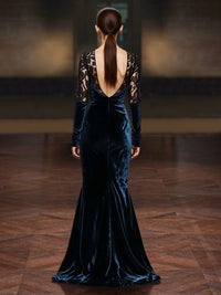 Sheath/Column Evening Dresses Velvet Formal Dress Floor-Length V-Neck Lace Long Sleeves With Back Zipper