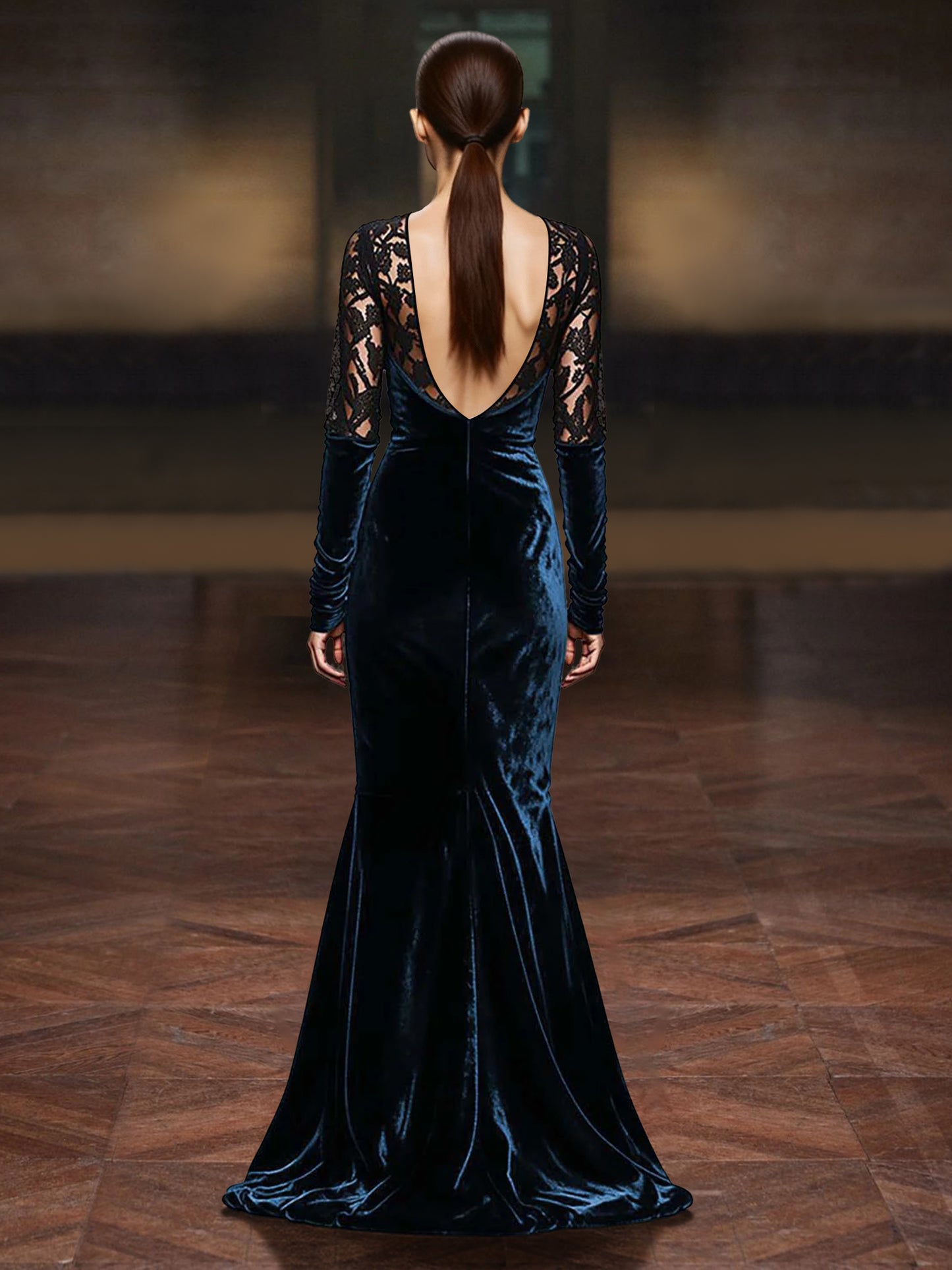 Sheath/Column Velvet Mother Of The Bride/Formal Dress Floor-Length V-Neck Lace Long Sleeves With Back Zipper
