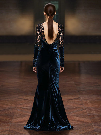 Sheath/Column Velvet Mother Of The Bride/Formal Dress Floor-Length V-Neck Lace Long Sleeves With Back Zipper