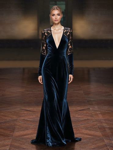 Sheath/Column Velvet Mother Of The Bride/Formal Dress Floor-Length V-Neck Lace Long Sleeves With Back Zipper