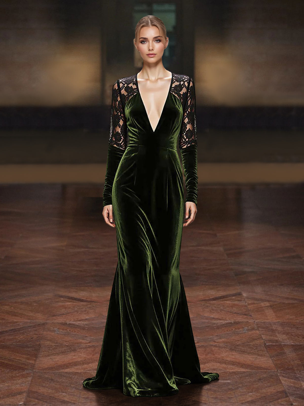 Sheath/Column Evening Dresses Velvet Formal Dress Floor-Length V-Neck Lace Long Sleeves With Back Zipper