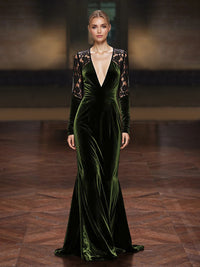 Sheath/Column Evening Dresses Velvet Formal Dress Floor-Length V-Neck Lace Long Sleeves With Back Zipper