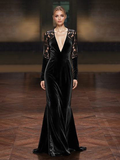 Sheath/Column Velvet Mother Of The Bride/Formal Dress Floor-Length V-Neck Lace Long Sleeves With Back Zipper