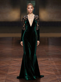 Sheath/Column Evening Dresses Velvet Formal Dress Floor-Length V-Neck Lace Long Sleeves With Back Zipper