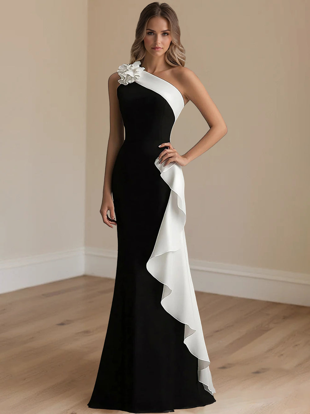 Trumpet/Mermaid Satin Evening/Formal Dress Floor-Length One-Shoulder Sleeveless With 3D Flowers&Ruffles