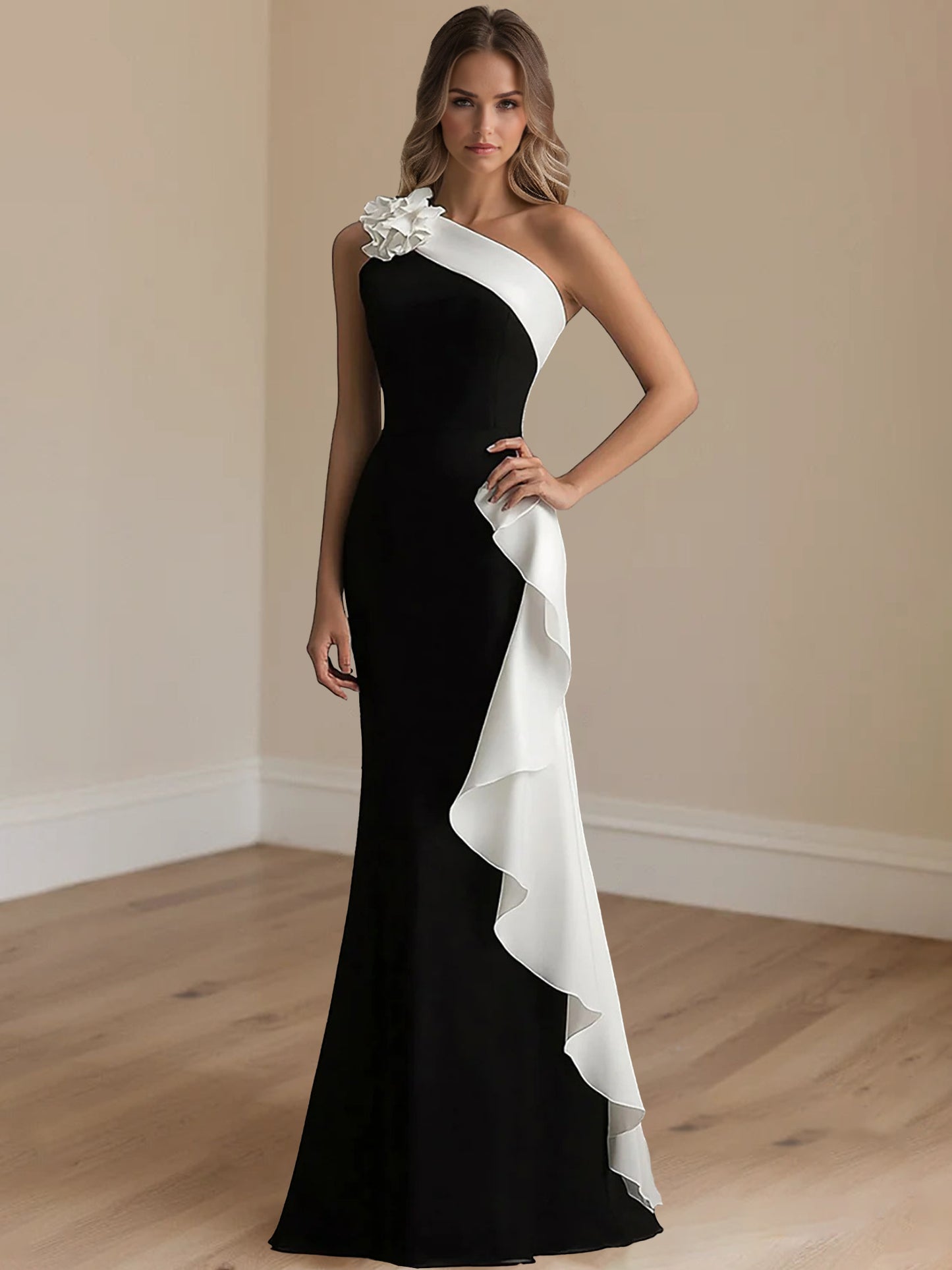 Trumpet/Mermaid  Stain  Evening/Formal Dress Floor-Length One-Shoulder Sleeveless With 3D Flowers&Ruffles