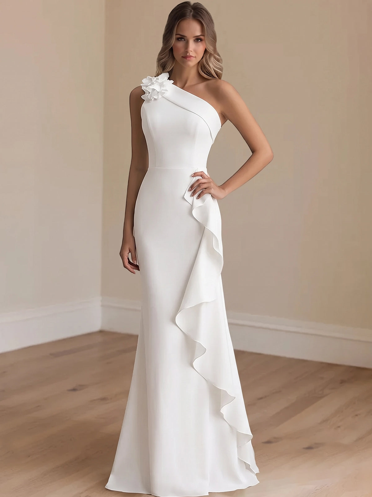 Trumpet/Mermaid Satin Evening/Formal Dress Floor-Length One-Shoulder Sleeveless With 3D Flowers&Ruffles