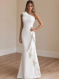 Trumpet/Mermaid Satin Evening/Formal Dress Floor-Length One-Shoulder Sleeveless With 3D Flowers&Ruffles