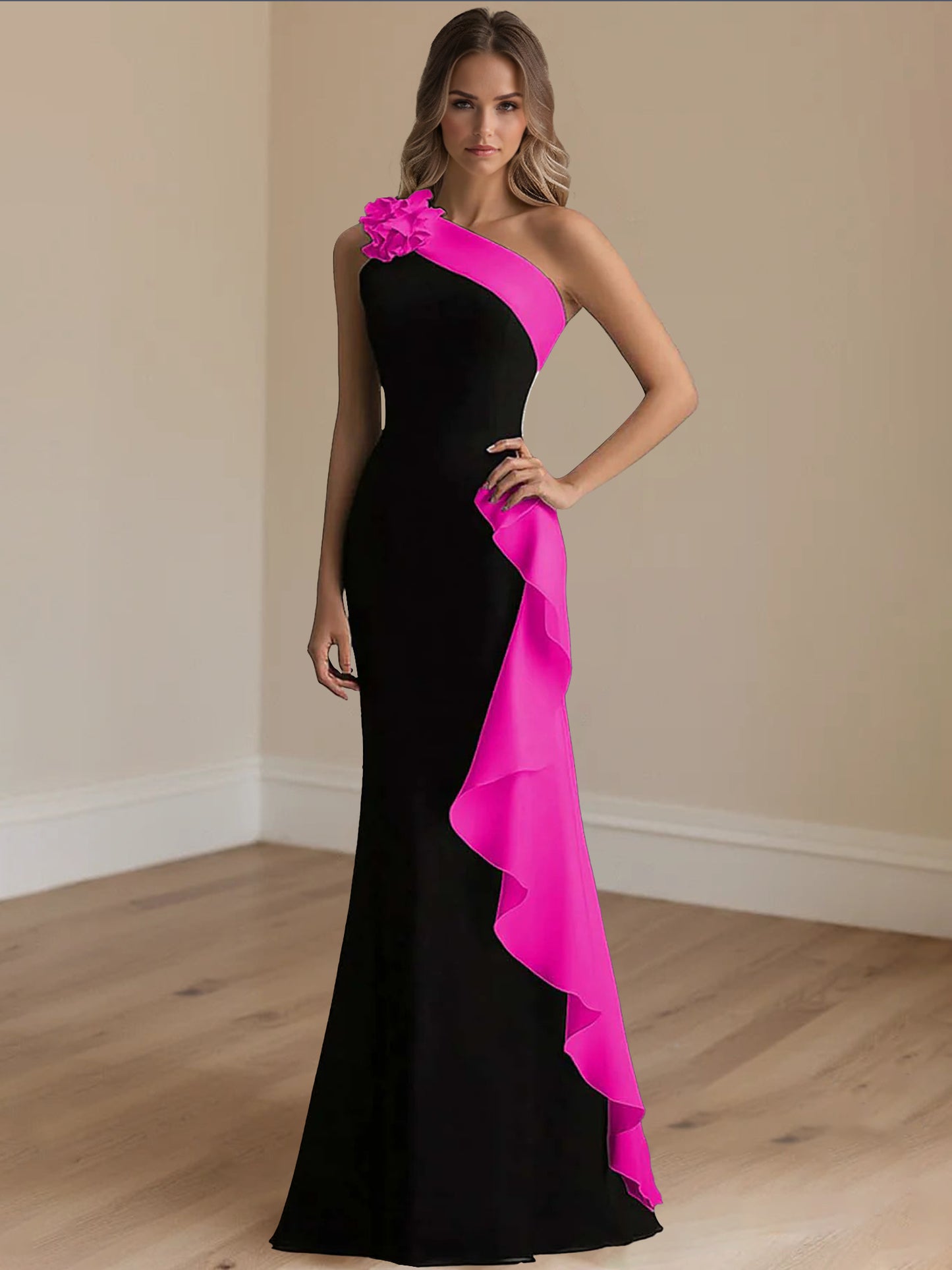 Trumpet/Mermaid  Stain  Evening/Formal Dress Floor-Length One-Shoulder Sleeveless With 3D Flowers&Ruffles