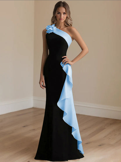 Trumpet/Mermaid  Stain  Evening/Formal Dress Floor-Length One-Shoulder Sleeveless With 3D Flowers&Ruffles