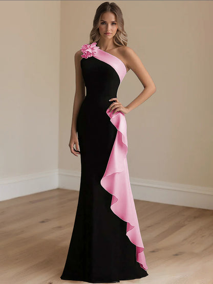 Trumpet/Mermaid  Stain  Evening/Formal Dress Floor-Length One-Shoulder Sleeveless With 3D Flowers&Ruffles
