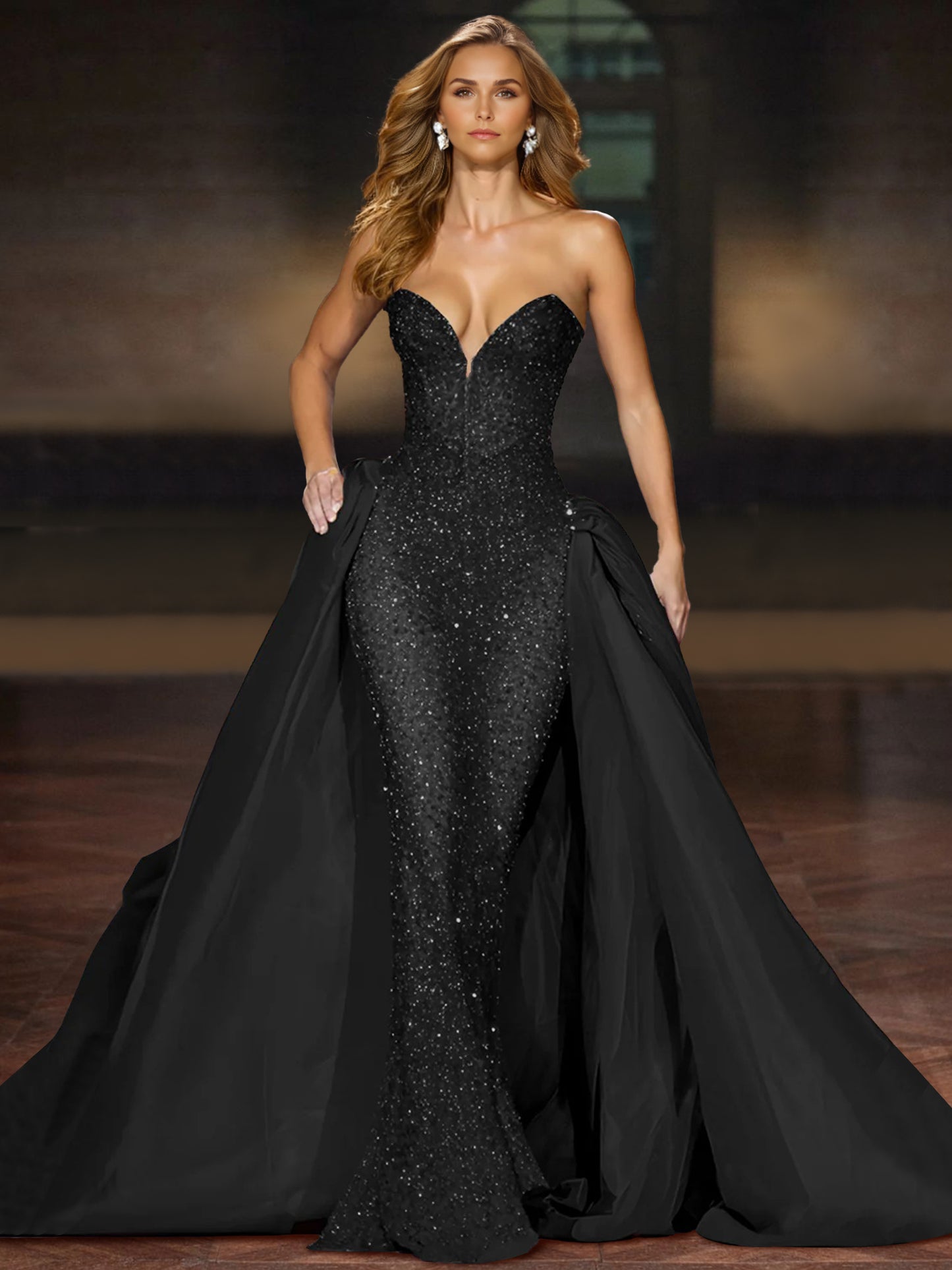 Sparkly  Ball Gown Sequin Evening Dress Sleeveless Floor-Length Strapless With Cape