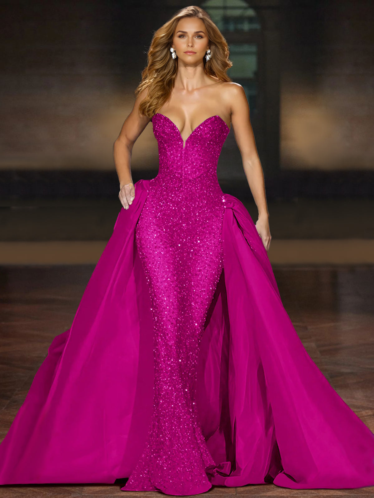 Sparkly  Ball Gown Sequin Evening Dress Sleeveless Floor-Length Strapless With Cape