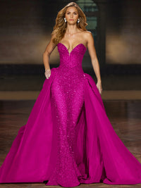 Sparkly  Ball Gown Sequin Evening Dress Sleeveless Floor-Length Strapless With Cape