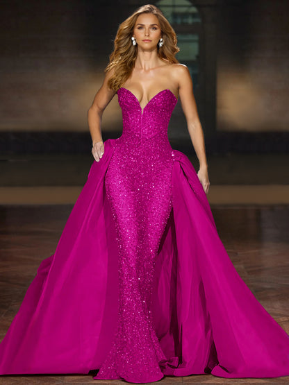 Sparkly  Ball Gown Sequin Evening Dress Sleeveless Floor-Length Strapless With Cape