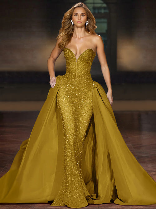 Sparkly  Ball Gown Sequin Evening Dress Sleeveless Floor-Length Strapless With Cape