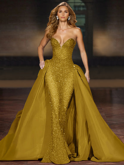 Sparkly  Ball Gown Sequin Evening Dress Sleeveless Floor-Length Strapless With Cape