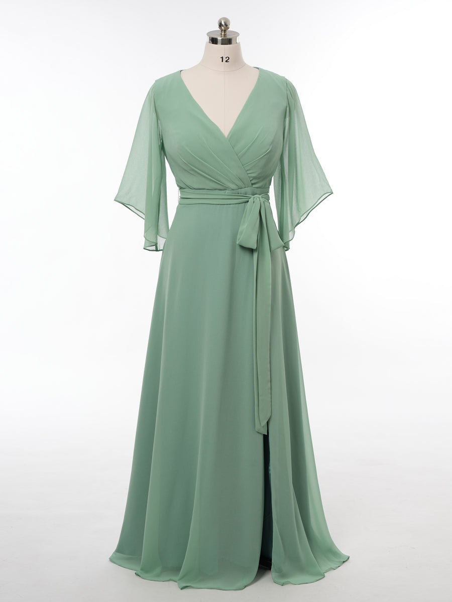 A-Line/Princess V-Neck 3/4 Sleeves Bridesmaid Dresses with Belt