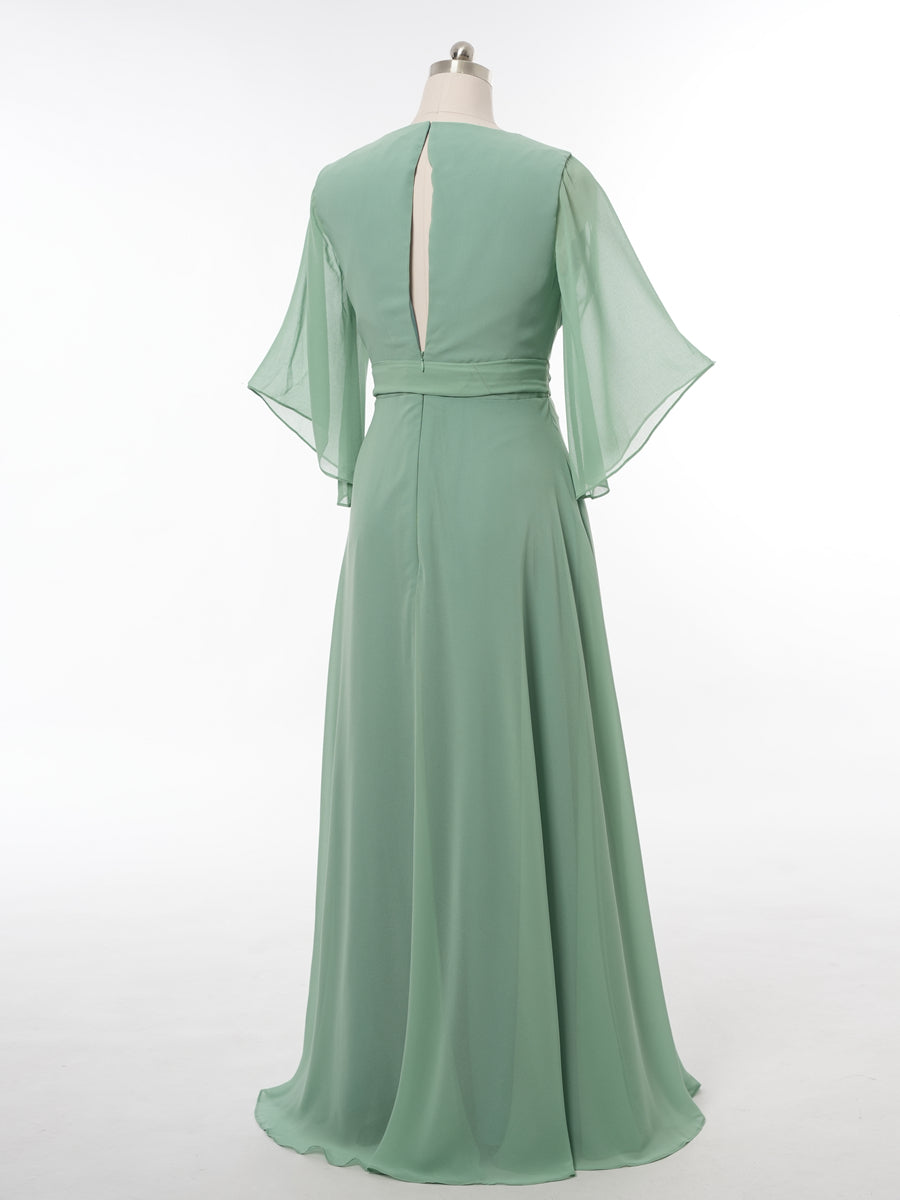 A-Line/Princess V-Neck 3/4 Sleeves Bridesmaid Dresses with Belt